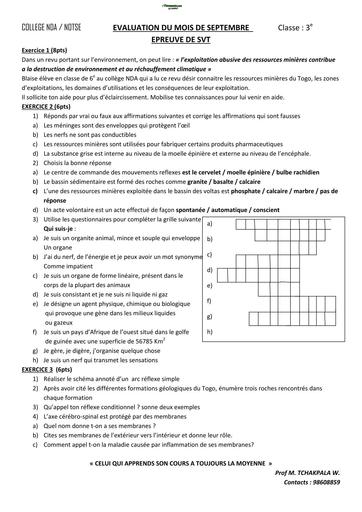EVALUATION DU MOIS DE SEPTEMBRE SVT 3e by TEHUA