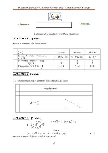 BEPC BLANC REGIONAL KORHOGO 2025 MATHS 3ième SUJET BY TEHUA