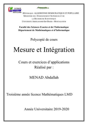 SUP MATHS Cours Mesure et Intégration BY TEHUA