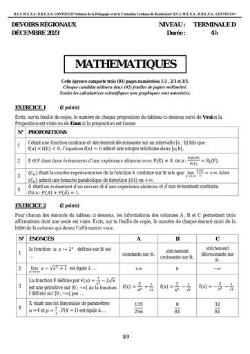 DRS 2023 2024 T1 EPREUVE DE MATHS Tle D Bondoukou by Tehua