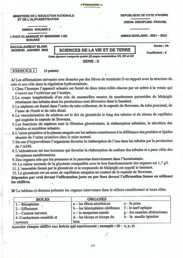 Examen Blanc Février 2022 SVT Lycée Classique Bouaké
