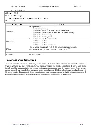 FCICHE DE COURS PC Tle CD L1 CINEMATIQUE D'UN POINT by TEHUA