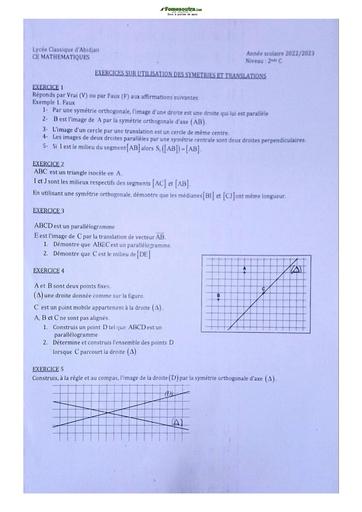 Sujet de Mathématiques Seconde C Lycée Classique Abidjan 22-23