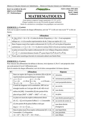 SUJET MATHS BAC BLANC SERIE C 2024 dren san pedro by Tehua