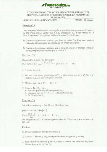 Sujet Maths Préparateur et Gestionnaire en Pharmacie INFAS 2006