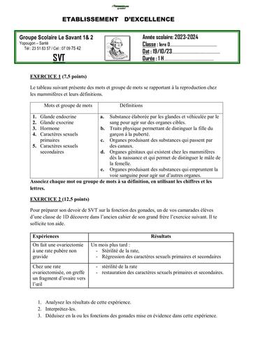 Sujet 1ière D Devoir SVT N°1 1ière D GS le Savant 1&2 Yopougon 2023 By TEHUA