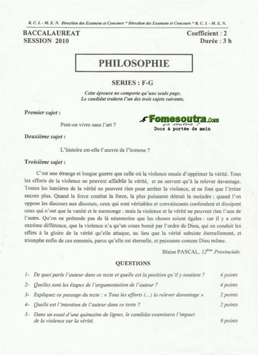 Sujets de Philosophie du BAC G 2010