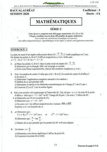 Sujet de Maths BAC C 2020