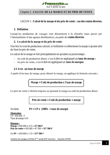 Calcul de la marge et du prix de vente: cas des ventes directes - BTS Tourisme 2ème année