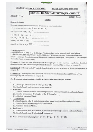 Sujet de Physique Chimie Première D Lycée Classique Abidjan 2020-2021