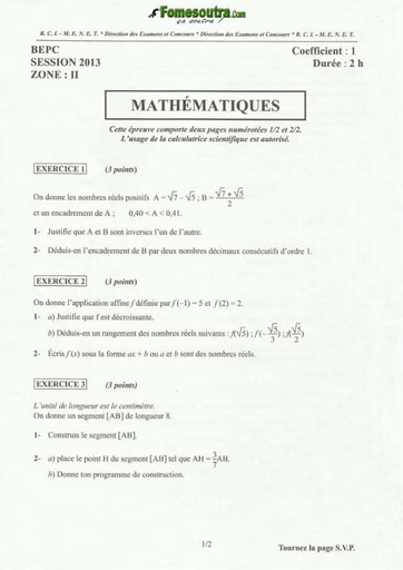 Sujet de mathématique BEPC 2013 Zone 2