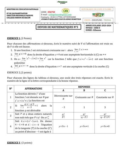 Devoir de maths 1ière D (Dénombrement et étude de fonctions) By Tehua