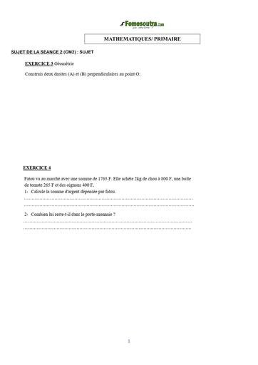 COURS DE VACANCES PRIMAIRE MATHS SUJET 1B CM BY TEHUA