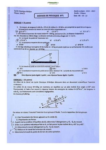 Sujet de Physique-Chimie Première C Lycée Classique Abidjan 2022-2023