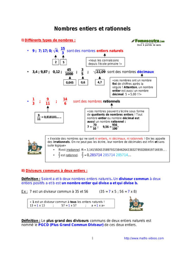 Nombres entiers et rationnels - Cours de maths 3eme