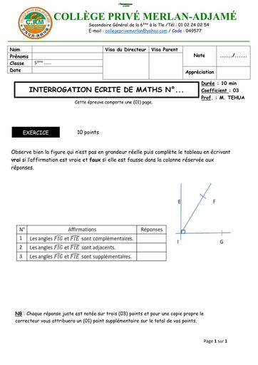 INTERROGATION ECRITE N°4 DE MATHS NIVEAU 5ième (LES ANGLES) NOVEMBRE 2025 BY TEHUA