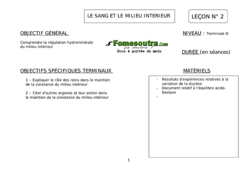 Comment les reins maintiennent – ils la constance du milieu intérieur ? - SVT Terminale D