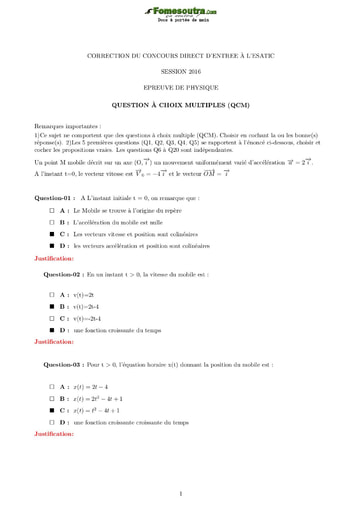 Sujet corrigé de Physique concours direct d’entrée à l'ESATIC session 2016