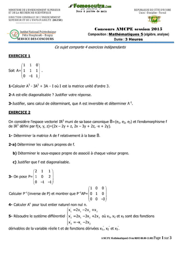 Sujet de Mathématiques  5 (algèbre, analyse) concours AMCPE 2015