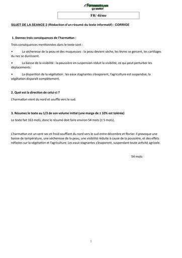 COURS DE VACANCES FR 4ième CORRIGE SUJET 2 (Rédaction d’un résumé du texte informatif) by TEHUA