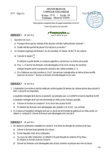 Devoir (8) de Chimie 1ère D EMPT Bingerville