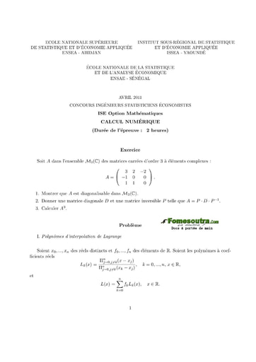 Sujet de Calcul numérique ISE option maths 2011 (ENSEA - ISSEA - ENSAE)