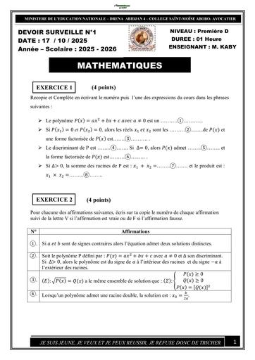 Sujet 1ière D devoir Maths 1ere D 2025 2026 Saint Moïse abobo By Tehua