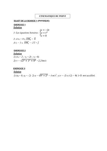 COURS DE VACANCES PHYSIQUE Tle corrigé SUJET 1 (CINEMATIQUE DU POINT)