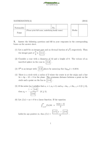 Sujet de Mathématique A pour les Bourses d'étude au Japon niveau undergraduate students - année 2014