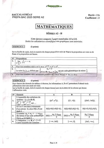 PREPA BAC 2025 MATHS SERIE A2 SUJET 13 BY TEHUA