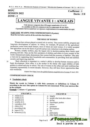 BEPC 2022 Anglais zone 1,2 et 3 combinées avec corrections et barèmes