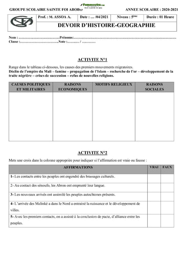 Devoir Histoire-Géographie Groupe Scolaire Sainte Foi 5ème (2020-2021)