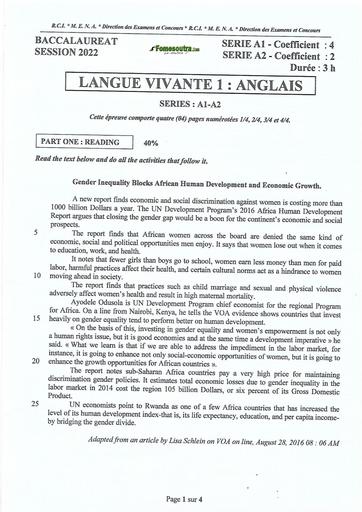 EPREUVE ET CORRIGE BAC 2022 LV1 ANGLAIS SERIES A1 A2 COTE D'IVOIRE