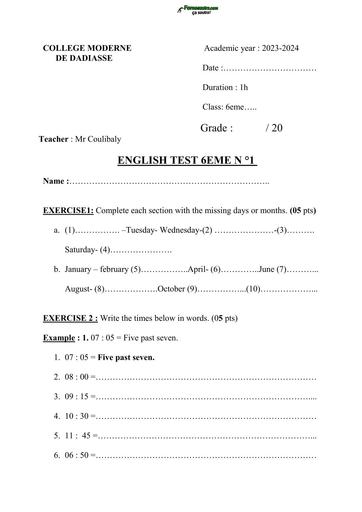 DEVOIR ANGLAIS N°1 NIVEAU 6ième ANNEE 2024 CMD BY TEHUA