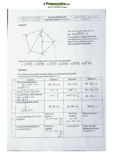 Sujet de Mathématiques Première C Lycée Classique 2021