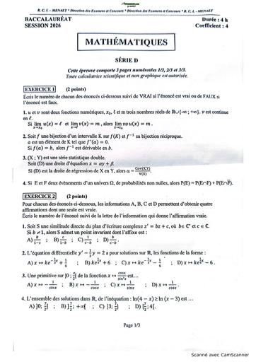BAC 2026 Maths série D sujet Ci By TEHUA