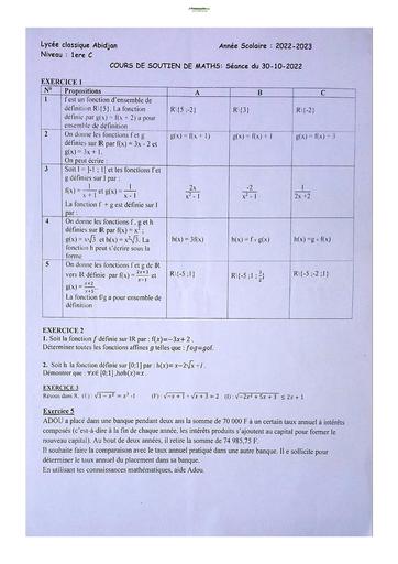 Sujets de mathématiques Première C Lycée Classique Abidjan 2022-2023