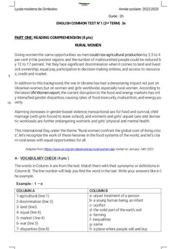 ENGLISH TEST 3ième  common Test UNIT 2   Rural Women + correction by TEHUA