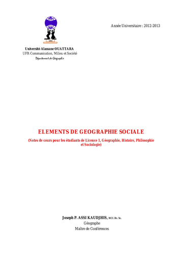 Cours Eléments de géographie sociale - Licence 1 - Université Alassane Ouattara