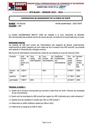 COMPOSITION DE MANAGEMENT DE LA FORCE DE VENTE GEC - SUJET GEC MFV By Ludov Ta'n