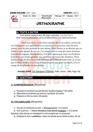 Français Texte Lourd 1 Orthographe 4e Mars 2026 G S Naman Bingerville