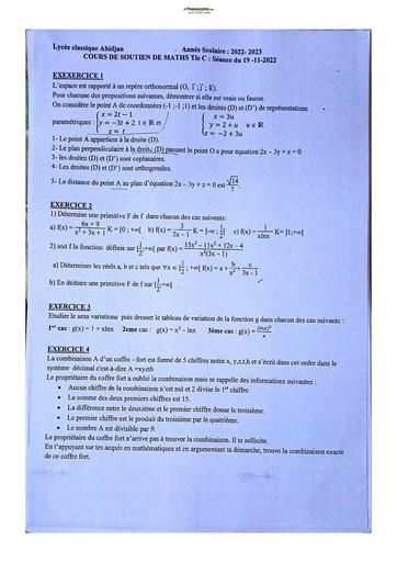 Sujets de Mathématique série C Lycée Classique d'Abidjan 22-23