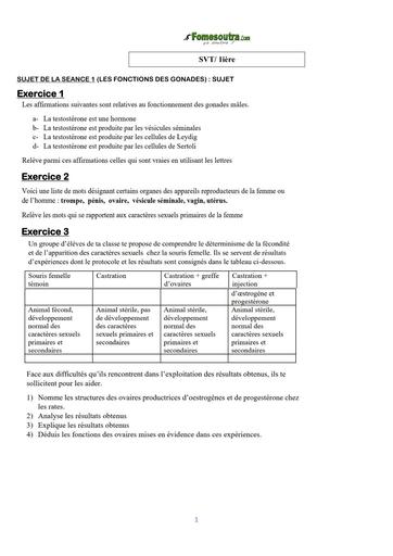 COURS DE VACANCES SVT 1ière SUJET 1 (LES FONCTIONS DES GONADES) BY TEHUA