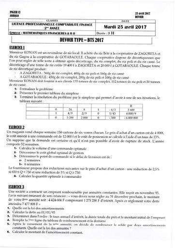 DEVOIR BTS 2 2017 MATHEMATIQUES FINANCIERES ET RO COMPTABILITE FINANCE