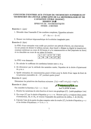 Sujet de Maths Concours EAMAC cycle Technicien Supérieur et Technicien session 2013