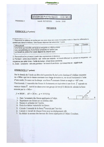 Sujet de Physique-Chimie Première D 2021