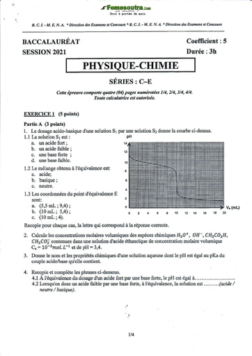 Sujet corrigé et barème de Physique Chimie BAC C et E 2021