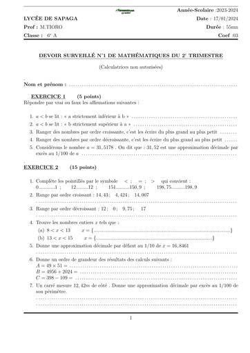 DEVOIR DE MATHS NIVEAU 6ième  LYCEE DE SAPAGA N°1 TRIMESTRE 2 BY TEHUA