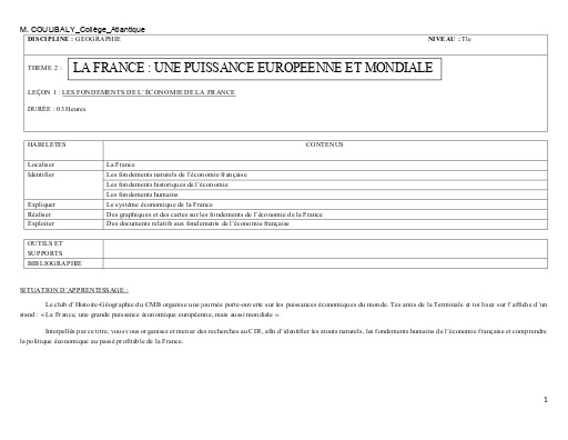 TH2 G1 TLE LES FONDEMENTS DE L’ÉCONOMIE DE LA FRANCE