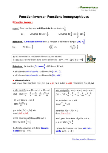Fonction inverse - Fonctions homographiques - Cours maths niveau 2nd C